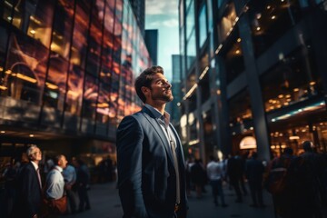 Fototapeta premium Confident wealthy businessman executive standing in the modern big city looking and dreaming of future business success. think of a new goal business vision and leadership concept