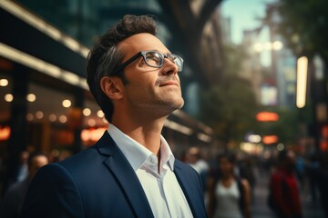 Obraz premium Confident wealthy businessman executive standing in the modern big city looking and dreaming of future business success. think of a new goal business vision and leadership concept