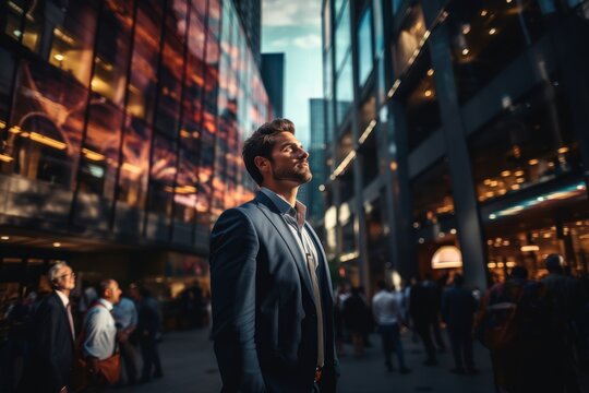 Confident wealthy businessman executive standing in the modern big city looking and dreaming of future business success. think of a new goal business vision and leadership concept