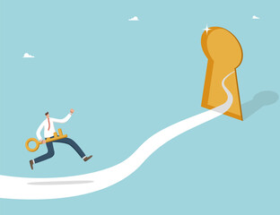 Progress or path to goals in course of the workflow, secret key to discovering new opportunities, ways and methods to achieve great success and win in business, man runs with key on way to keyhole.