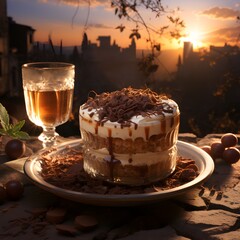 Tiramisu in a beautiful background of an italian romantic landscape at sunset
