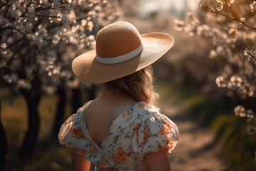 Woman in a hat and white floral dress walks through the blooming garden, back view