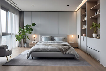 Interior of modern bedroom with comfortable bed and big closet in new apartment, generative ai 