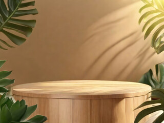 Rounded wooden Podium on a table with sunlight surrounded by tropical plants. Empty showcase for product presentation.