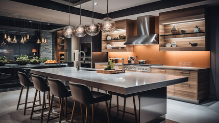Fototapeta na wymiar New kitchen in modern luxury home, generative ai 
