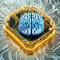 3D render of a brain connected to a golden CPU, connected by a shining wireframe circuit board.