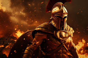 spartan king demigod in golden armor and helmet, holding spear and shield on burning battlefield background 