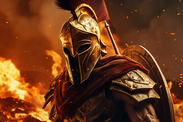 spartan king demigod in golden armor and helmet, holding spear and shield on burning battlefield background 