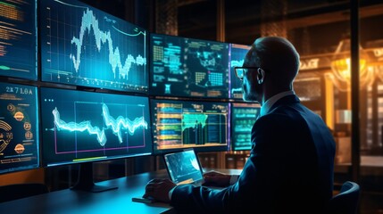 Risk analysts or financial professionals utilizing AI tools and models to assess and mitigate financial risks, with elements like risk charts or futurist - obrazy, fototapety, plakaty