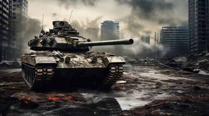  tank is walking in an urban landscape, war, generative ai 