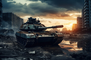 tank is walking in an urban landscape, war, generative ai 