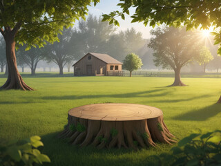 Tree Table wood Podium for product presentation on nature background with grass, trees, and Sunlight in the morning