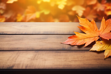 Naklejka na ściany i meble wooden table with orange leaves autumn background. High quality photo