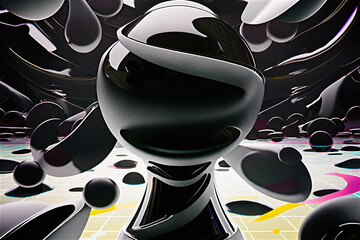 black and white futuristic background with a glossy sculpture in the center