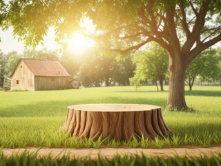 Tree Table wood Podium for product presentation on nature background with grass, trees, and Sunlight in the morning