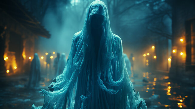 scary ghost on the cemetery in the night.generative ai