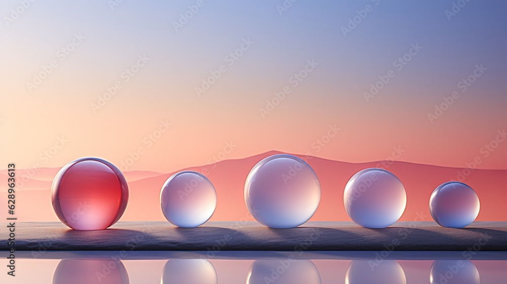 Poster a group of five round objects sitting on top of a body of water. generative ai