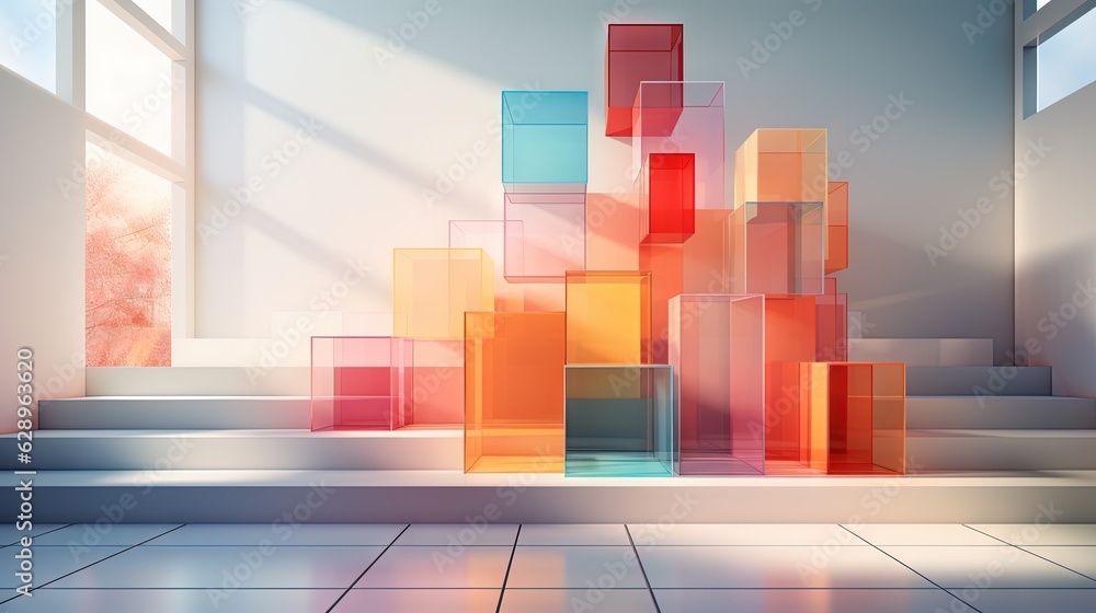 Poster a room with a bunch of different colored blocks on the floor. generative ai