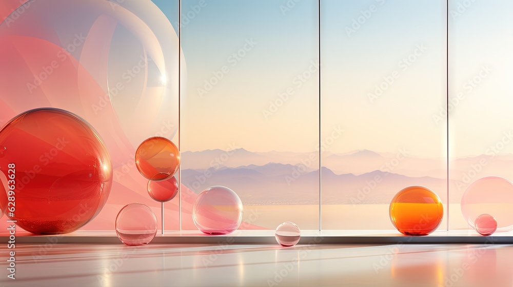 Poster a group of balls sitting on top of a floor next to a window. generative ai