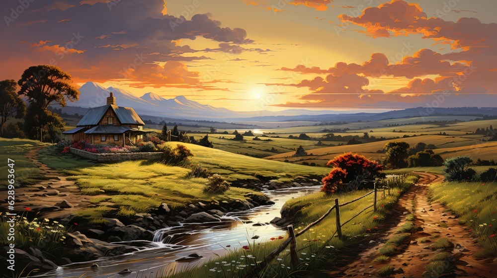 Poster a painting of a rural landscape with a stream running through it. generative ai