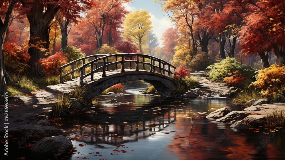 Poster a painting of a bridge over a stream in a forest. generative ai