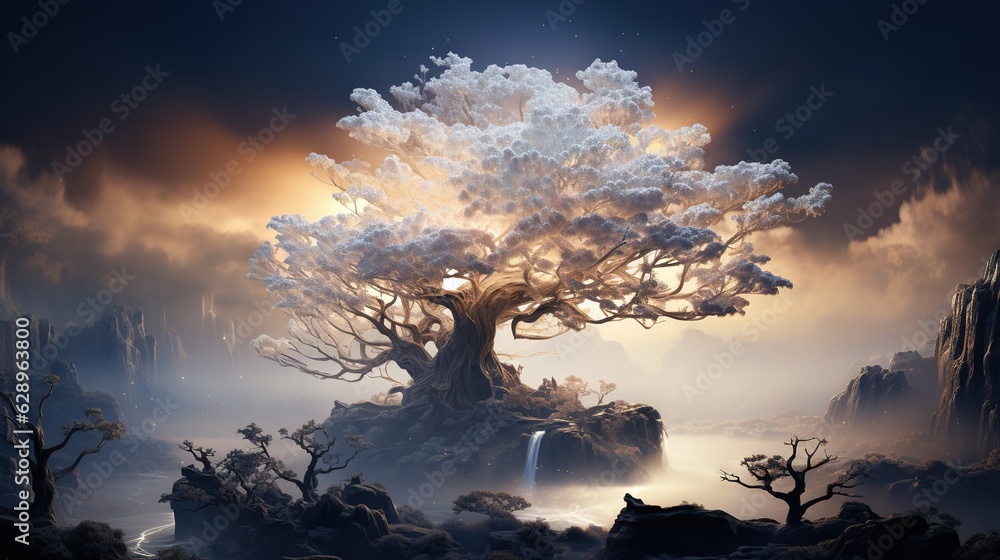 Poster a tree in the middle of a mountain with a waterfall coming out of it. generative ai