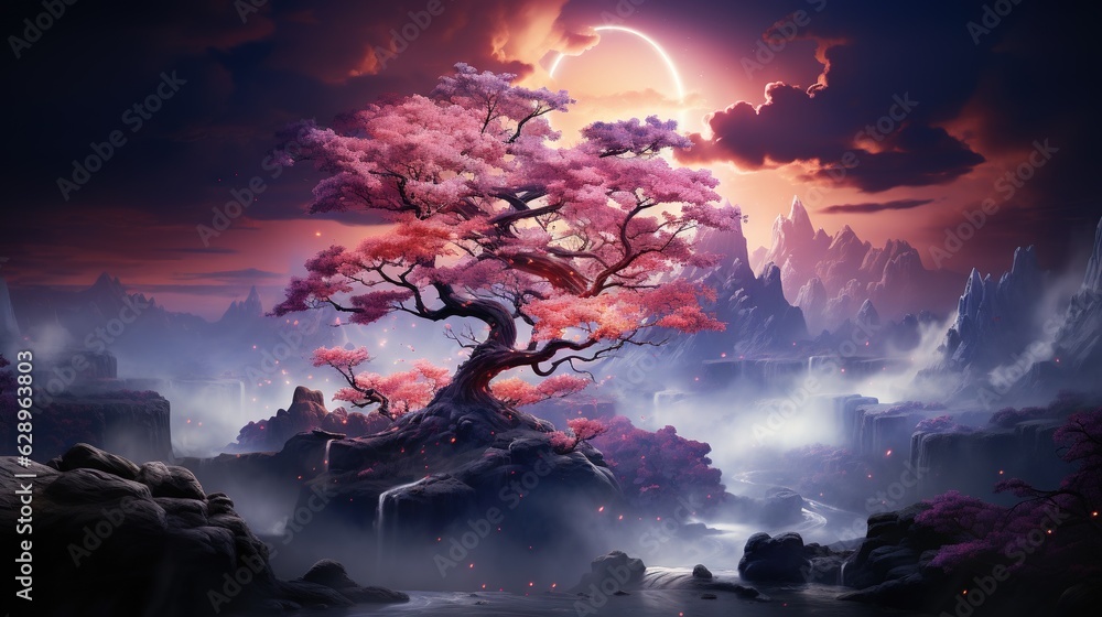 Wall mural a painting of a tree in the middle of a mountain. generative ai
