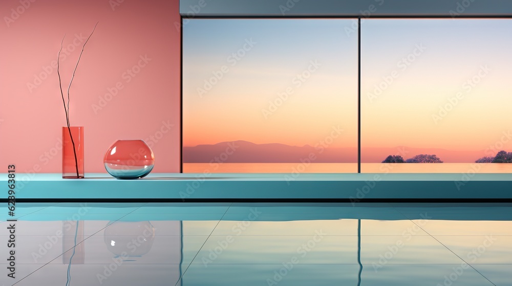 Poster a room with a large window and a vase with a plant in it. generative ai