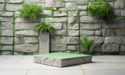 Natural stone and concrete podium in Moss Bricks background. Empty showcase for packaging product presentation. Background for cosmetic products, scene with green leaves. Mock up pedestal.