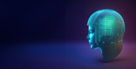 A detailed illustration of a brain made of a printed circuit board, glowing with a bright blue light.