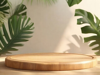 Rounded wooden Podium on a table with sunlight surrounded by tropical plants. Empty showcase for product presentation.