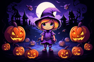 Fototapeta premium Cute colorful halloween illustration with girl in witch costume , carved glowing pumpkins and castle and bats in the back. High quality photo
