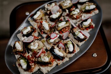 Top view of an appetizing assortment of snack foods, including fresh vegetables