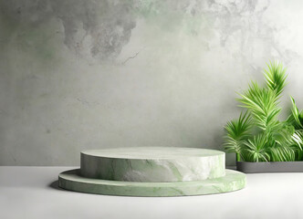 Natural stone and concrete podium in Moss Bricks background. Empty showcase for packaging product presentation. Background for cosmetic products, scene with green leaves. Mock up pedestal.
