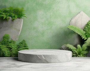 Natural stone and concrete podium in Moss Bricks background. Empty showcase for packaging product presentation. Background for cosmetic products, scene with green leaves. Mock up pedestal.