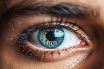 Fototapeta premium Macro shot of male human blue eye. High quality photo