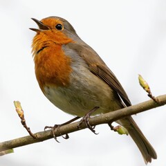 Closeup of a robin perched on a tree branch on a white background