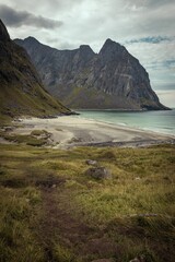 Kvalvika beach in Norway in summer