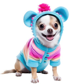 Portrait of a chihuahua dog wearing a cute colourful costume isolated on white background as transparent PNG