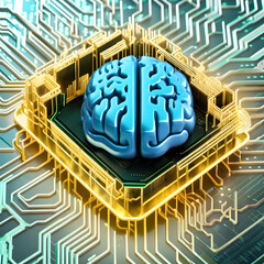 3D render of a brain connected to a golden CPU, connected by a shining wireframe circuit board.