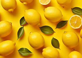 Fresh lemons with leaves on yellow background.Macro.AI generative