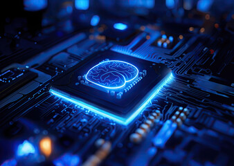 3D render of a brain connected to a blue glowing CPU, connected by a shining wireframe circuit board.