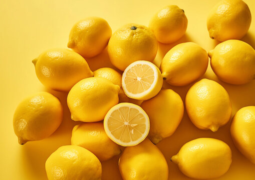 Lemons on yellow background.Top view.Macro.AI generative