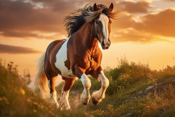 Obraz premium Pferd im Galopp bei Sonnenuntergang, 1, Ai generiert