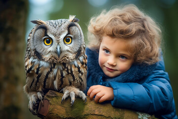 Child and an owl. Generative AI.