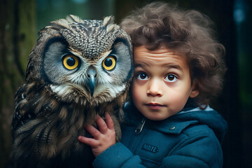 Child and an owl. Generative AI.