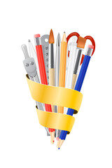Back to School realistic stationery with a golden band with place for text. Png clipart isolated on transparent background