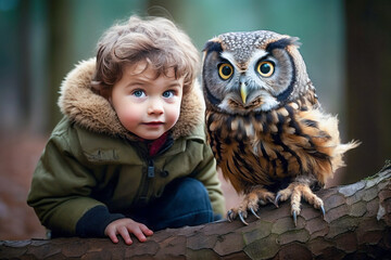 Child and an owl. Generative AI.
