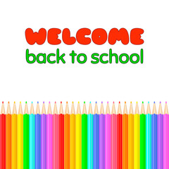Welcome Back to School poster with colorful realistic pencils border. Rainbow colored crayons in a line. Png clipart isolated on transparent background