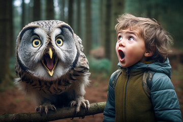 Child and an owl. Generative AI.